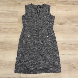 Karl Lagerfeld Paris Tweed Shift Dress 10 V-Neck Pearl Accent Pockets Black